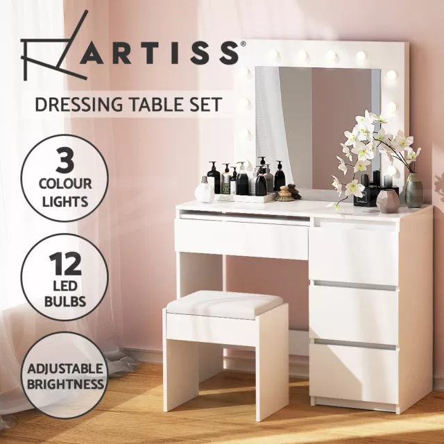 Artiss Dressing Table LED Makeup Mirror Stool Set 12 Bulbs Vanity Desk White