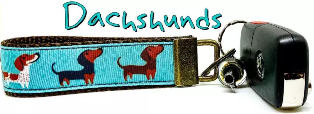 Dachshunds Key Fob Wristlet Keychain 1"wide Zipper pull Camera strap handmade