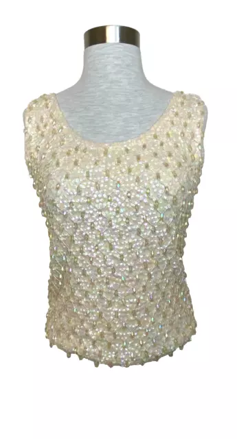 Vintage 1950s 60s Sequins & Beads Iridescent Ivory Cocktail Sweater Shimmy Top S