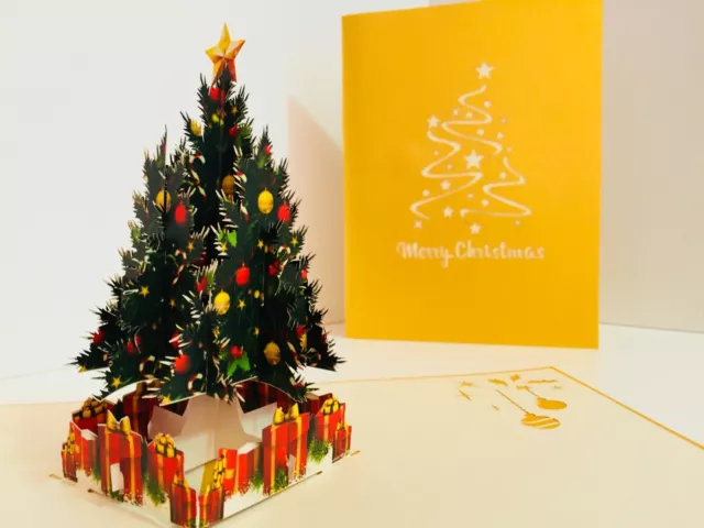OrigamiPopCards.com Golden Classic Merry Christmas Tree 3D Pop Up Greeting Card