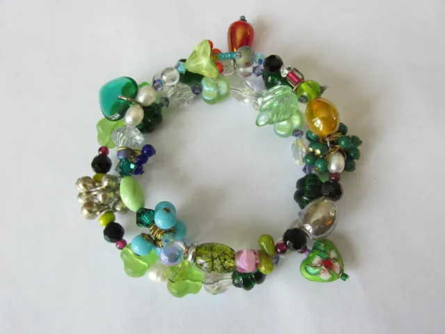 NEW Wire Coil Bead Bracelet Faceted Crystals Glass Leaves Cloisonné Heart Green