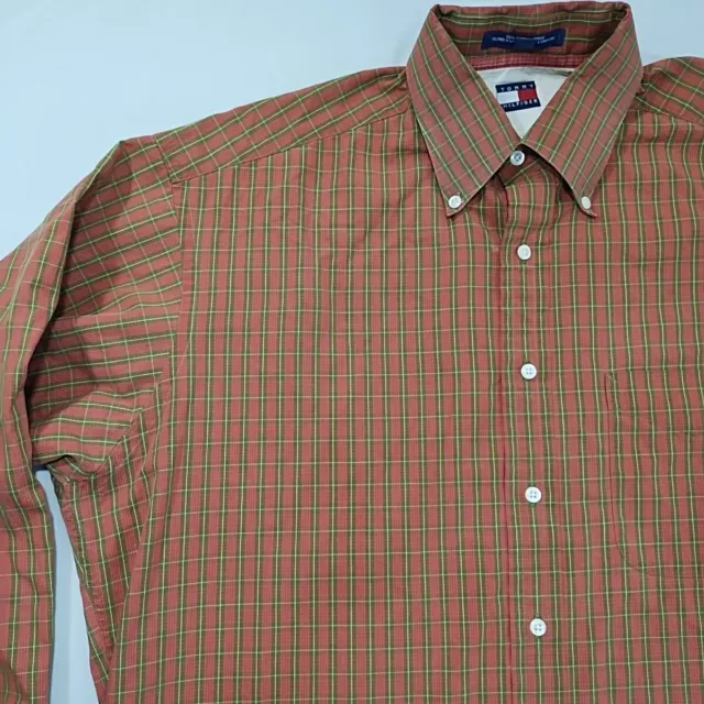 Tommy Hilfiger Mens Button Down Dress Shirt Brown Plaid Large Business '90's 2