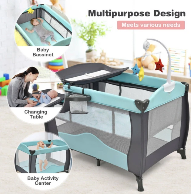 Folding Baby Crib Mobile Infant Nursery Center Bed Bassinet Play Pen Music Box
