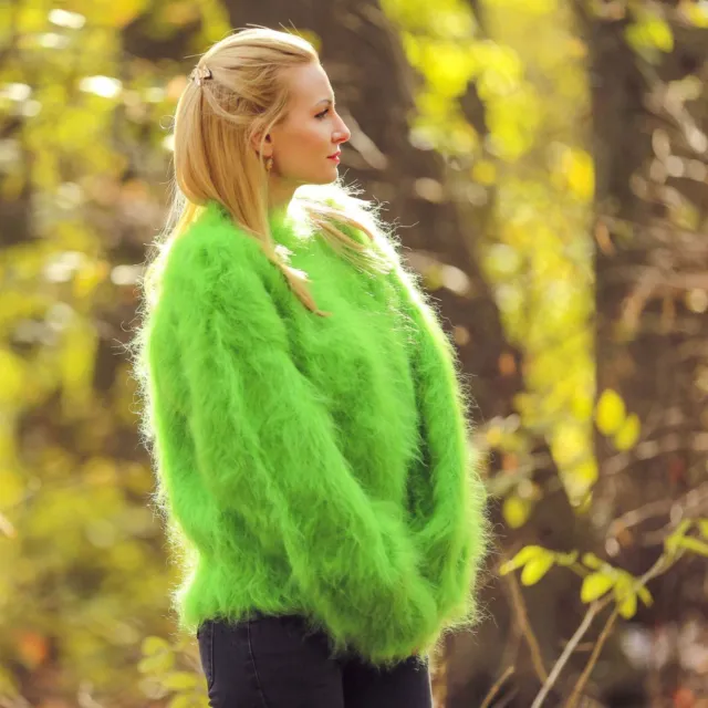 SUPERTANYA green fuzzy mohair  sweater hand knit warm crewneck thick jumper