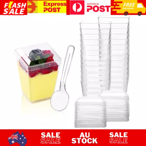 50 x 150ml Dessert Cups with Lids & Spoons Plastic Square Cup Small Clear NEW