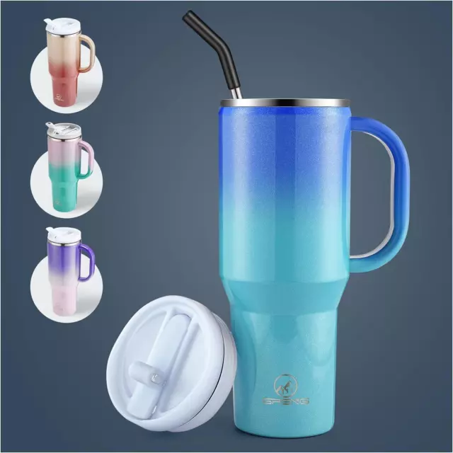 40 Oz Tumbler with Handle, Water Bottles with Straw Lid and Anti-Slip Sleeve, In