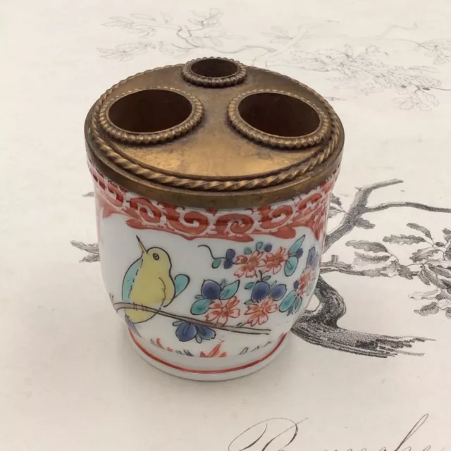 Encrier Ancien en Porcelaine Limoges et Laiton Inspiration Japonaise Old Inkwell