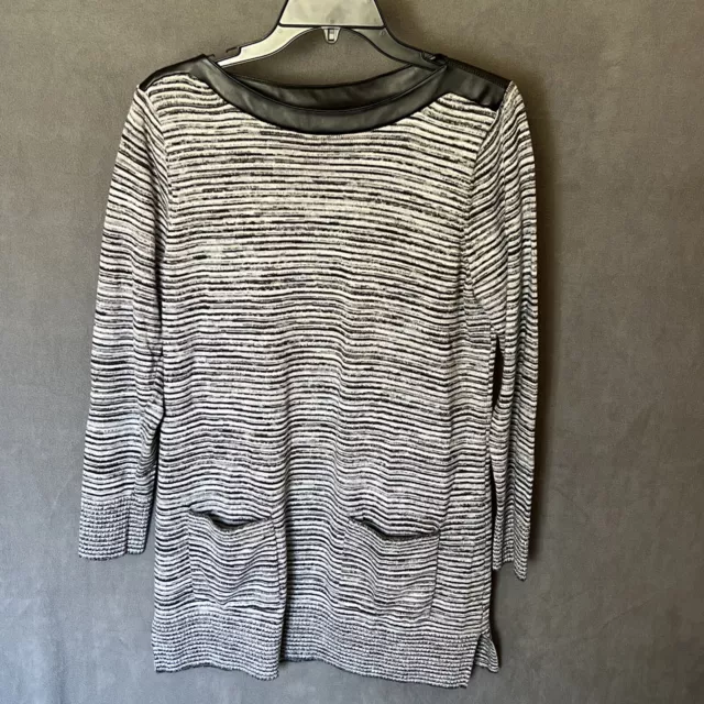 Jeanne Pierre Tunic Sweater Womens L Gray Stripe With Faux Leather Neck Trim EUC