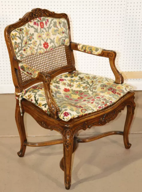 Single French Louis XV Cane Walnut Carved Boudoir or Corner Chair, Circa 1940