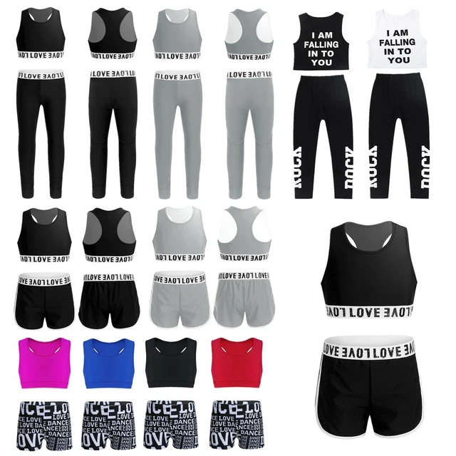 2PCS Girls Kid Dance Sport Outfit Crop Top + Leggings Leotard Gymnastics Workout