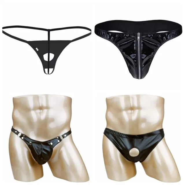 Slip Homme Sexy String Tanga Thong Cuir vernis Brillant Pénis Trou Sous-vêtement