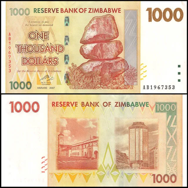 Zimbabwe 1000 One Thousand Dollars 2008 Banknote UNC AB+ P-71