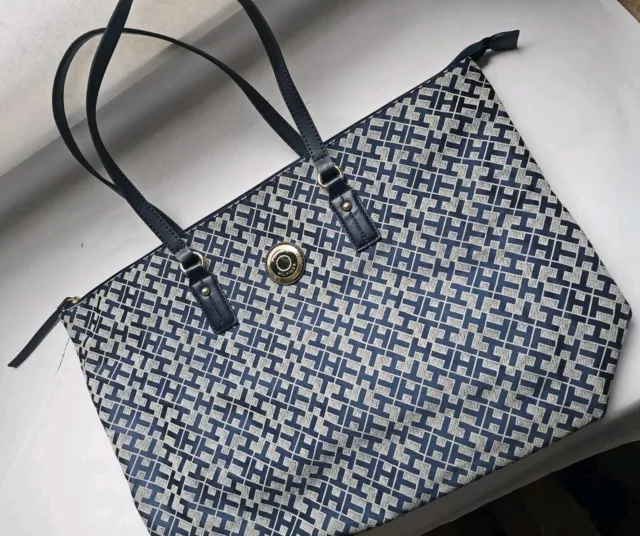 Tommy Hilfiger Navy Blue White Signature TH Logo Tote