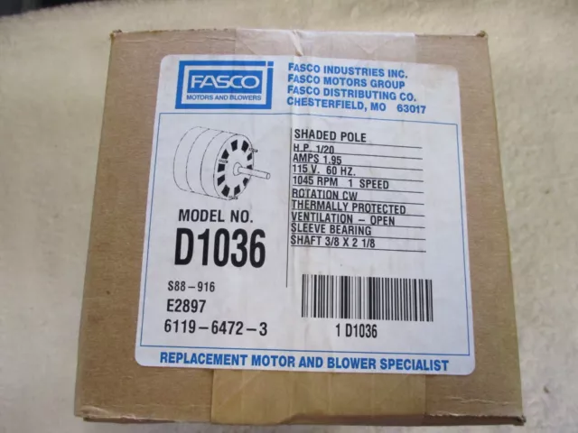 NIB FASCO Shaded Pole Motor RPM 1045 HP 1/20     D1036   FACTORY SEALED BOX