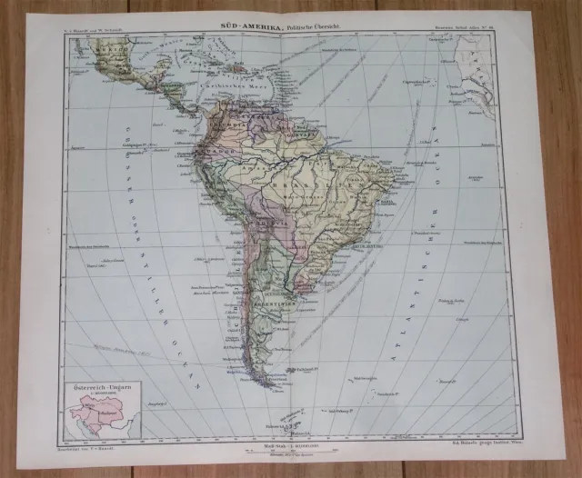 1901 Antique Map Of South America Brazil Argentina Chile Peru Paraguay Uruguay