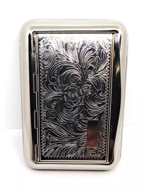 Fujima Silver Engravable Floral Design Metal Tobacco Box W/Paper Holder Built In