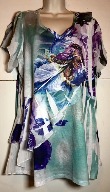 Carole Little Plus Size 2X Tunic Blouse Tropical Multi Print Embelished Shimmer