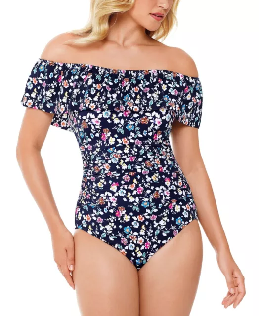 MSRP $99 Swim Solutions Off-The-Shoulder One-Piece Swimsuit Navy Blue Size 12