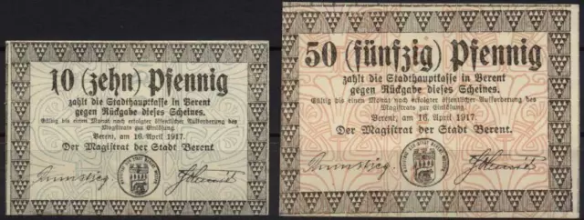 [9999] - 2 x NOTGELD BERENT (heute: Kościerzyna), 10, + 50 Pf, 16.04.1917, Tiest