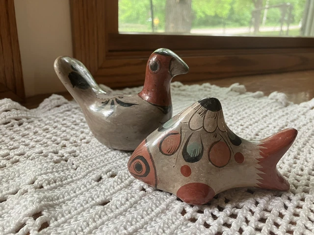 Vintage Lot of 2 Ceramic Folk Art Bird And Fish Hand Painted In Mexico Tonala