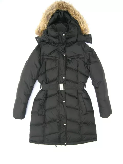 Andrew Marc New York Black Down Belted Puffer Jacket Coyote Fur Hood Women's S