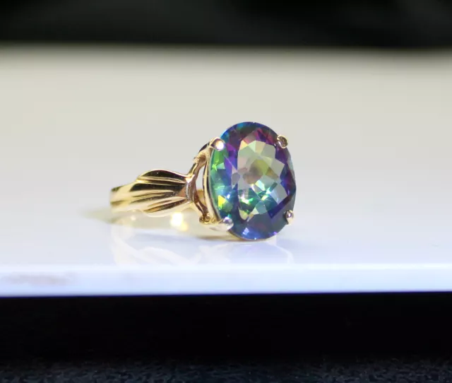 Gorgeous Ladies 14K Gold Large 12mmx10mm Oval 6 Ct Mystic Topaz Solitaire Ring