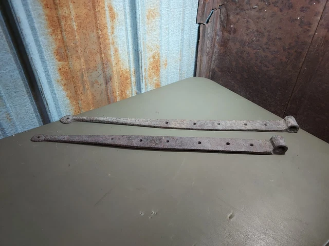 2 ANTIQUE 1800's HAND HAMMERED Blacksmith FORGED 21'' BARN DOOR STRAP HINGES