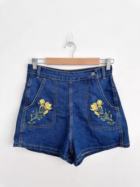 Revival Blue Denim Floral Embroidered High Rise Shorts Size 10 Rockabilly Pin Up