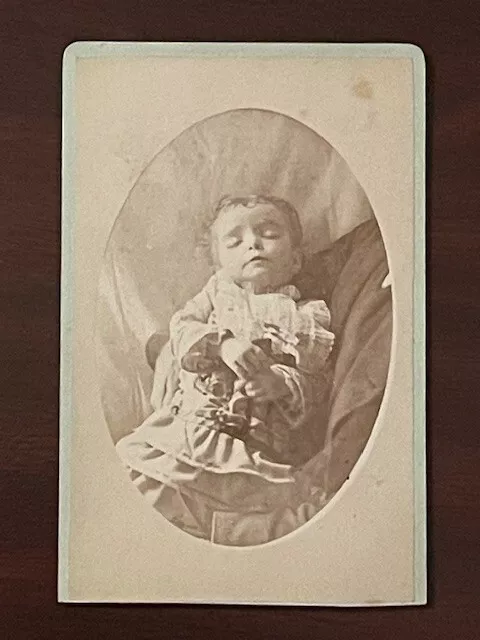 Antique 1800's CDV Post Mortem Little Girl Clutching Rag Doll ~O.F. Young Iowa