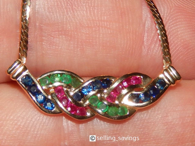 14K Yellow Gold Sapphire Ruby Emerald Herringbone Snake Chain Pendant Necklace 14K Yellow Gold Sapphire Ruby Emerald Herringbone Snake Chain Pendant Necklace