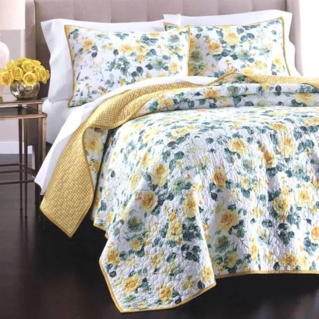 Martha Stewart Garden Floral FULL / QUEEN Quilt + 2 STANDARD Shams Set YELLOW