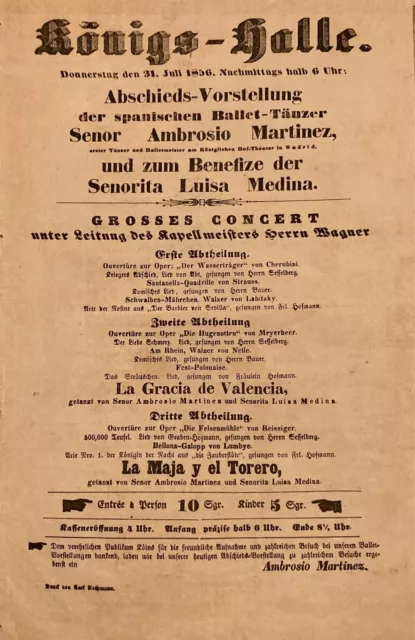 1856 Königs-Halle: Ankündigungszettel: Ambrodio Martinez: Ballet-Tänzer Wagner