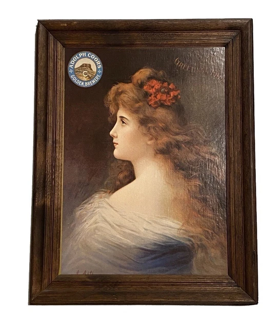 ORIGINAL COORS BANQUET Beer Calendar Girl Golden Wooden Framed Sign