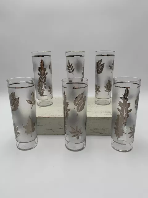 MCM Vintage 1960s Libbey Frosted Tom Collins Glasses, Gold Foliage Pattern, 7"