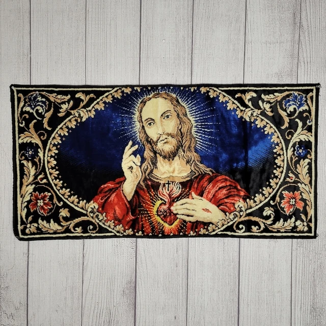 ANTIQUE VINTAGE RELIGIOUS Tapestry Jesus Christ Sacred Heart