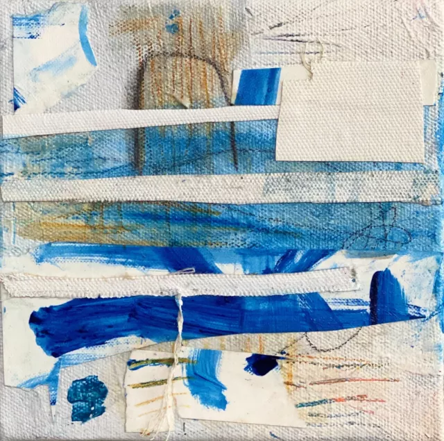 Raw Blue Abstract Collage OOAK original painting artwork on canvas Art by Kat