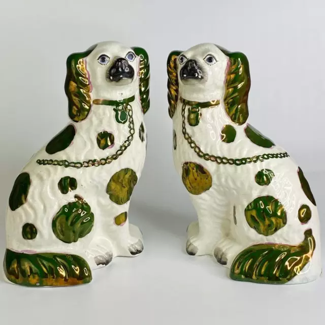 Antique Pottery Pair 19thc Staffordshire Wally Mantle Spaniel Dogs Copper Lustre