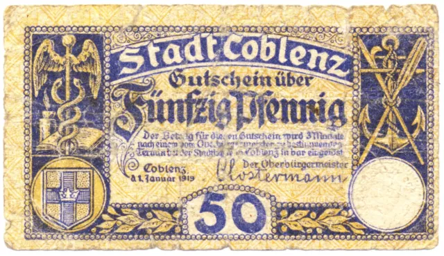 Notgeld, Gutschein  der Stadt Coblenz 50 Pf. 1919, Stadtwappen