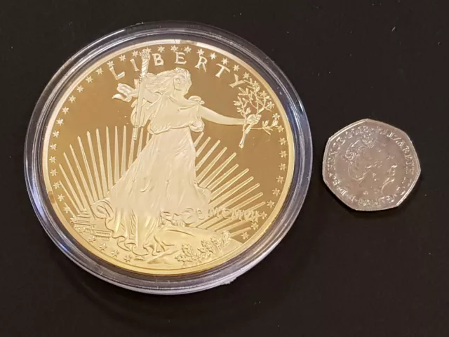 1907 Double Eagle Gold Plated 70mm Commemorative $20 Twenty Dollar Coin + COA