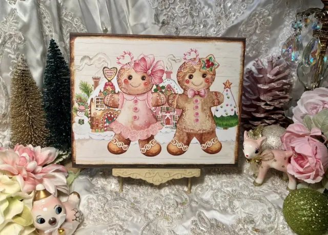 Letrero de placa artesanal Shabby Chic rosa pan de jengibre pareja cabaña Navidad artesanal B