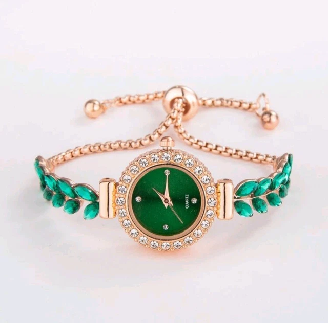 Armbanduhr Uhren Damen Mädchen Strass Quarz Grün Blatt Modeschmuck Geschenk Neu