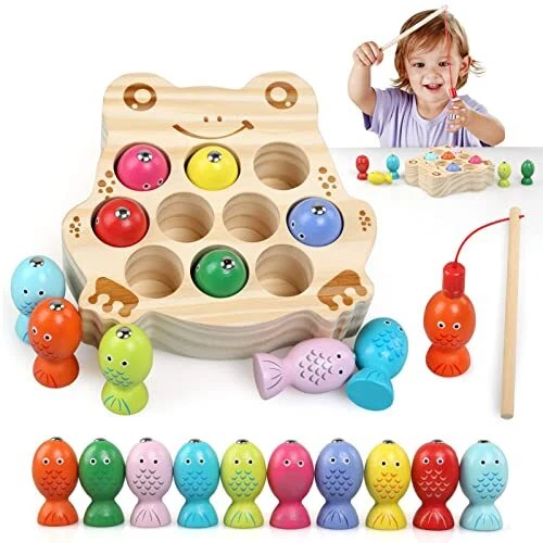 Jouet Montessori en Bois 4 en 1 Jeu de Société Jeu de Clip Perles Pêche  Magnétique Jeux Éducatif Puzzle Bois Interactif Cadeau pour Enfants 3 4 5 6 Ans  Fille Garçon