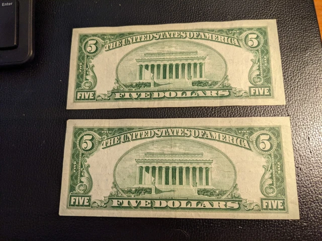 (2) Blue Seal $5.00 Silver Certificate-Series 1934 D  Choice  (23 Numbers Apart) 2
