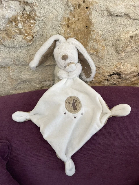 LO/Doudou peluche lapin Mouchoir  30 cm  blanc gris beige étoile brodé Pommette