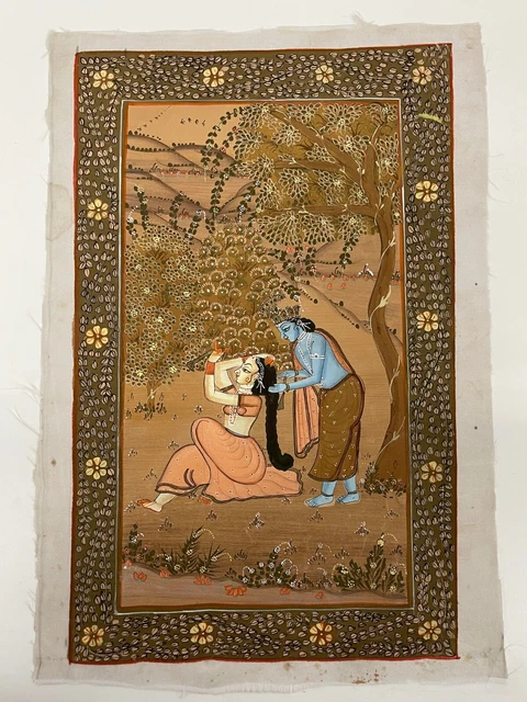 Indien Image Gouache Peinture Vintage Main Peint Sur Soyeux