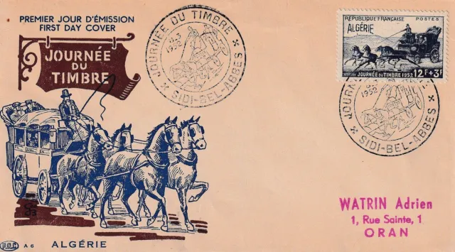 Enveloppe Philatélie 1er jour 1952 Algérie Journée du timbre