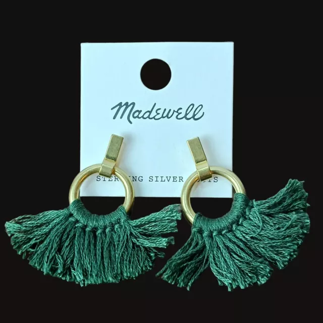 New Madewell Green Tassel Brush Hoop Dangle Sterling Silver Post Earrings Nwt