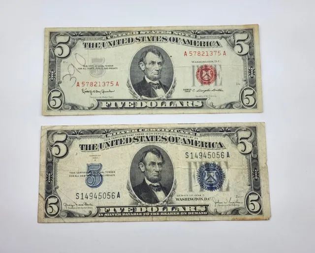 1934 D $5 Dollar Bill Blue Seal Silver Certificate & 1963 Red Seal $5 Bill Notes