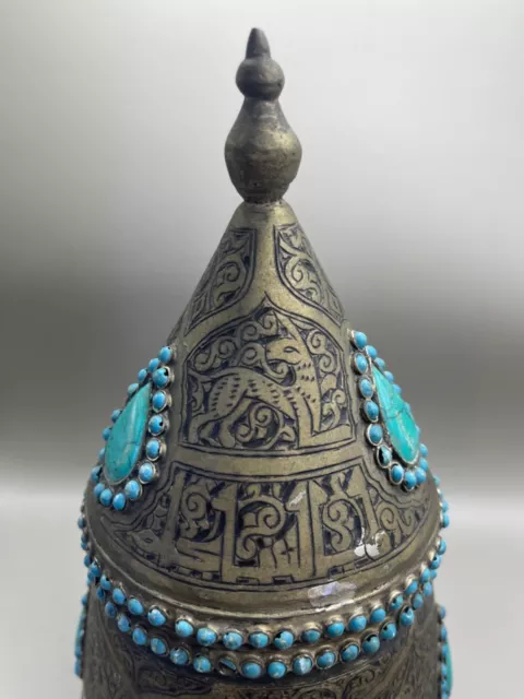 Ancient Islamic bronze vessel with turquoise wonderful stone gems super rare 2