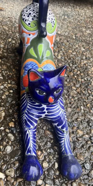 Talavera Pottery Large Stretching Cat Figure Mexican Folk Art